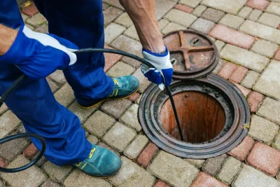 Plumber cleaning an outdoor sewer drain in West Valley City