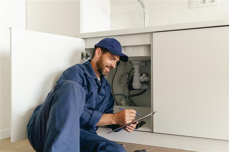 Residential plumber reviewing plumbing repairs in a West Valley City kitchen