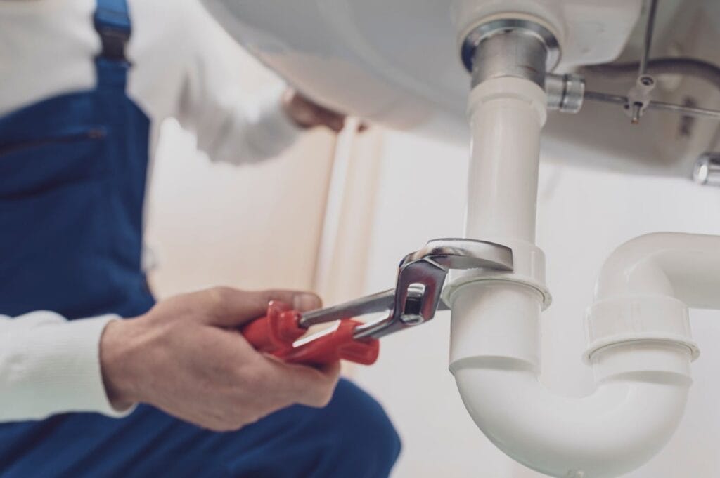 Plumber repairing a white drain pipe beneath a sink in West Valley City
