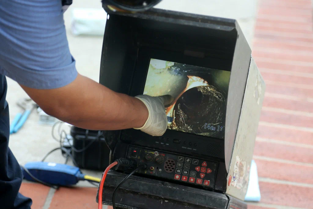 Technician viewing a drain inspection camera in West Valley City