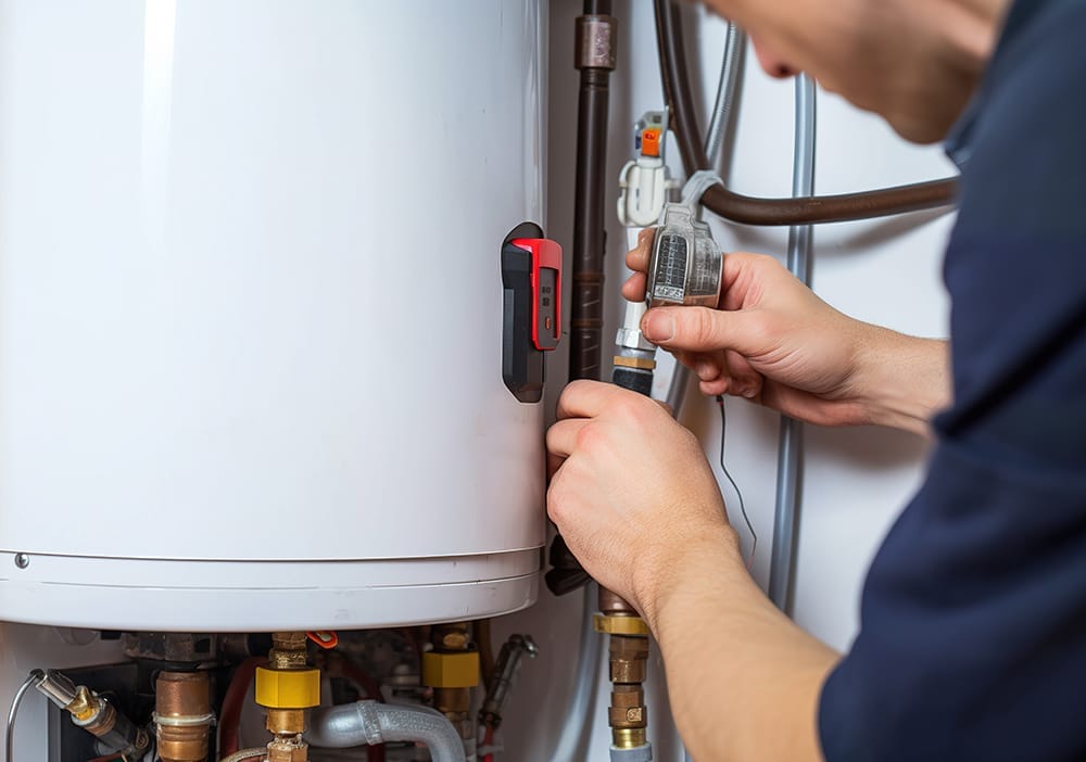 Technician repairing pipes connected to a water heater in West Valley City